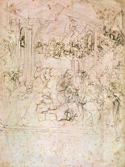 Compositie schets voor De Aanbidding der Wijzen, 1481 door Leonardo da Vinci